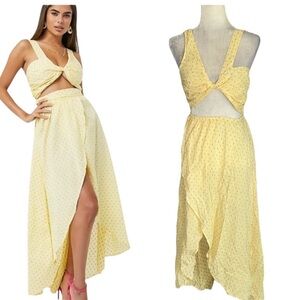 ASOS Design Yellow Pink Twist Front Midriff Cutout High Low Ruffle Maxi Dress  6